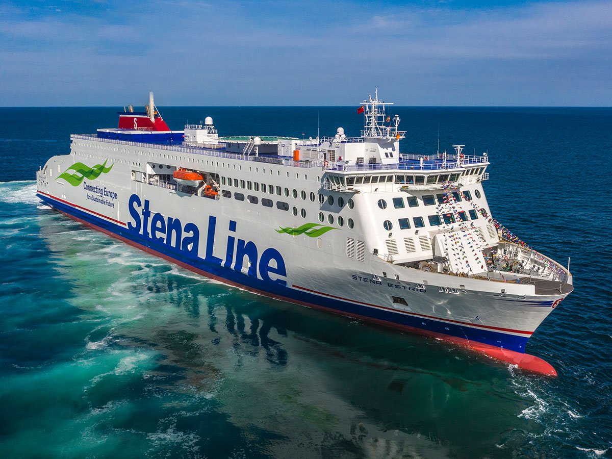 Modern ferry on turquoise sea