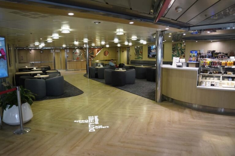 Bright floor projection in front of duty free shop