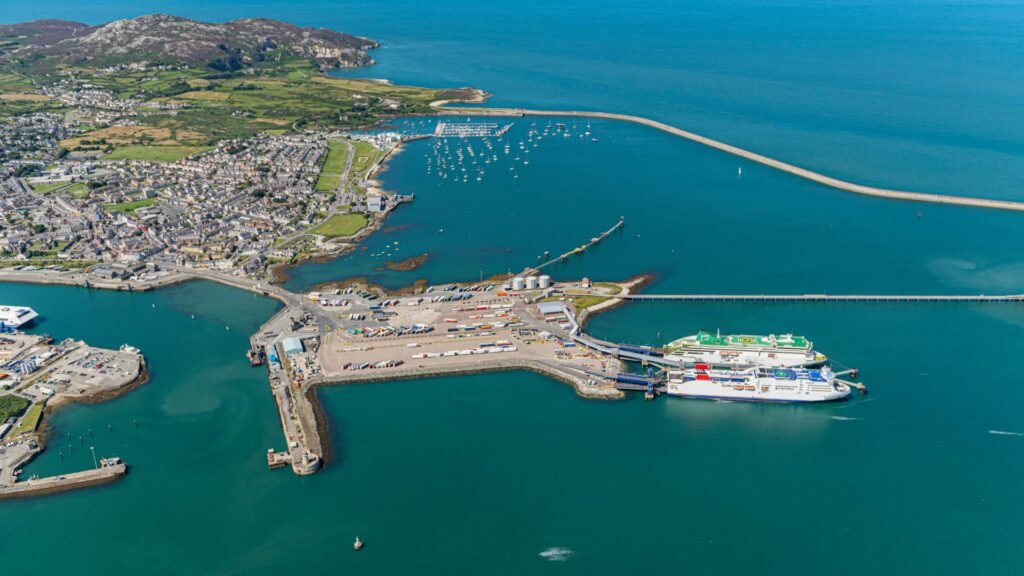 Aerial photo of Holyhead harbour with two ferries