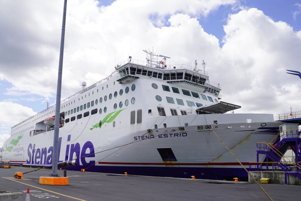 Moored ferry with open bow ramp
