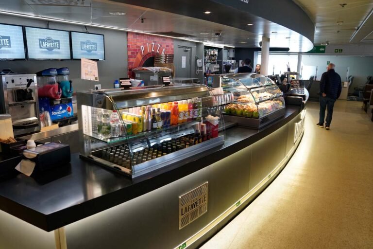 Café counter with drinks and hot snacks on board a ferry