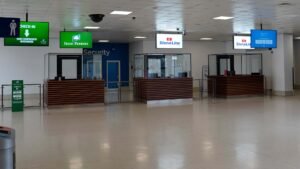 Ticket desks inside ferry terminal